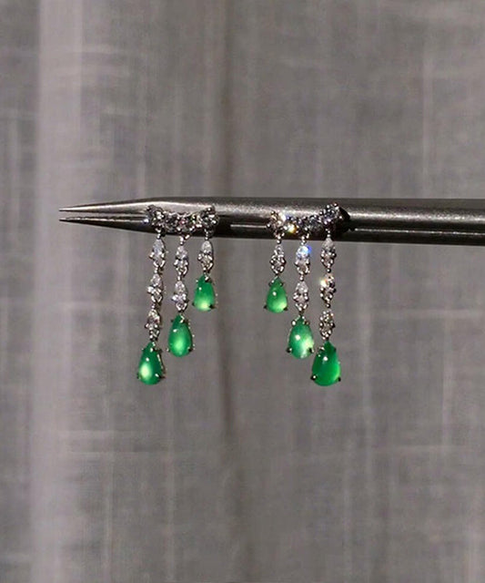 Green Sterling Silver Chalcedony Water Drop Tassel Drop Earrings