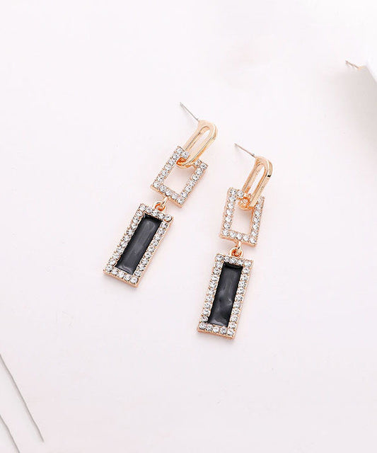 Gold Sterling Silver Zircon Hollow Out Rectangle Tassel Drop Earrings