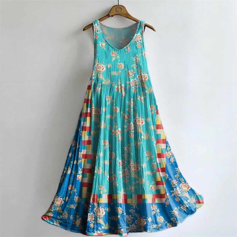 Women's Vintage Bohemian Floral Art Print Crew Neck Sleeveless Cotton