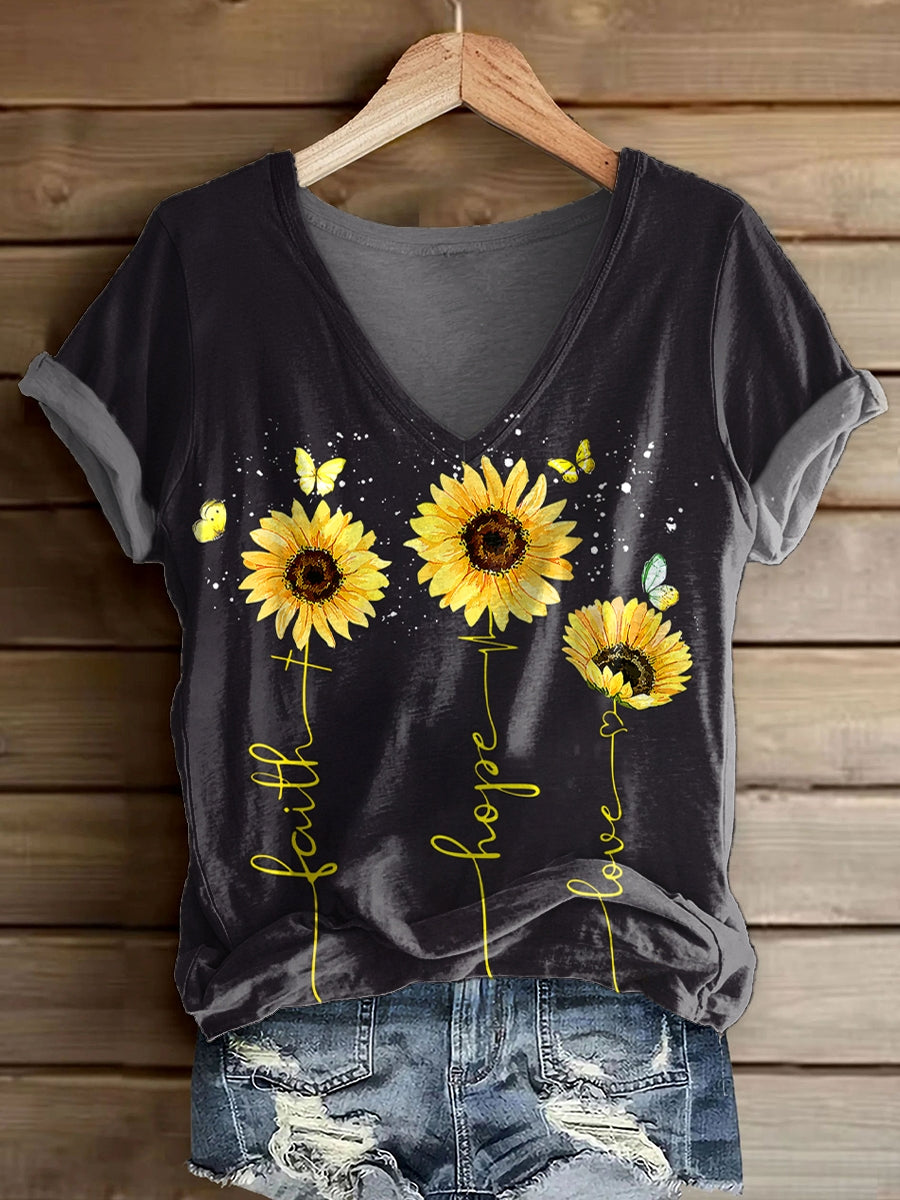 Women's Hippie Sunflower Faith Hope Love Print V-Neck Casual T-Shirt