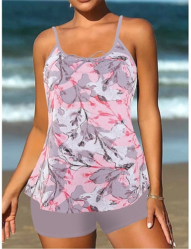 Tankini 2 Piece Swimsuit Shorts Tummy Control High Waist Slim Backless Vacation Beach Wear Paisley U Neck Sleeveless Bathing Suits