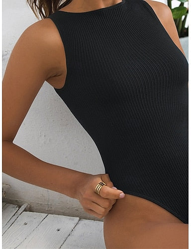 Swimwear One Piece Swimsuit Vacation Beach Wear Plain Round Neck Sleeveless Bathing Suits