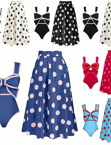 One Piece Swimsuit Monokini Skirt Tummy Control High Waist Slim Backless Vacation Beach Wear Polka Dot V Neck Sleeveless Bathing Suits