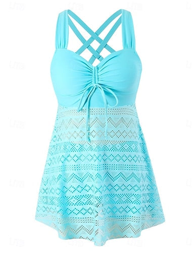 Tankini 2 Piece Swimsuit Dress Shorts Tummy Control High Waist Slim Backless Vacation Beach Wear Color V Neck Sleeveless Bathing Suits