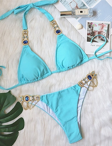 Normal Swimwear Bikini 2 Piece Thong Swimsuit Glitter Vacation Color Plunge Sleeveless Bathing Suits