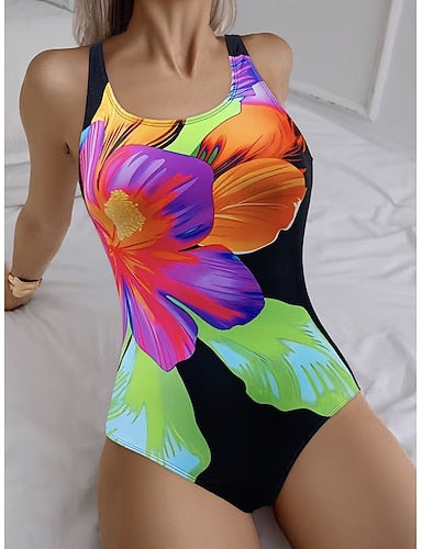 Swimwear One Piece Dress Swimsuit Vacation Graphic Round Neck Sleeveless Bathing Suits