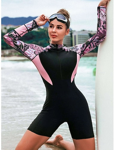 Rash Guard Bathing Suit One Pieces Printed Zip Up Uv Protection Elastic Long Sleeve Swimwear Surfing Beach Swimming Summer