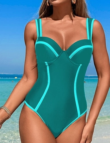 One Piece Swimsuit Deep V Swimwear Patchwork Swimwear Blue Sky Blue Quick Dry Lightweight Breathable Sleeveless - Swimming Surfing Beach Summer Spring