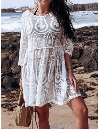Swimwear Cover Up Swim Dress Swimsuit Lace Vacation Beach Wear Color Round Neck Short Sleeves Bathing Suits