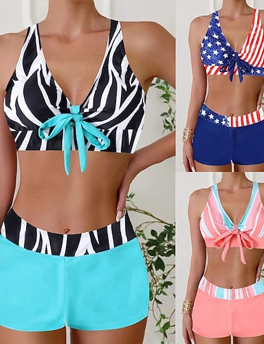 Swimwear 2 Piece Briefs Swimsuit Backless Vacation Beach Wear Flag V Neck Sleeveless Bathing Suits