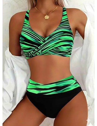 Bikini 2 Piece Swimsuit High Waist Vacation Graphic Striped V Neck Sleeveless Bathing Suits