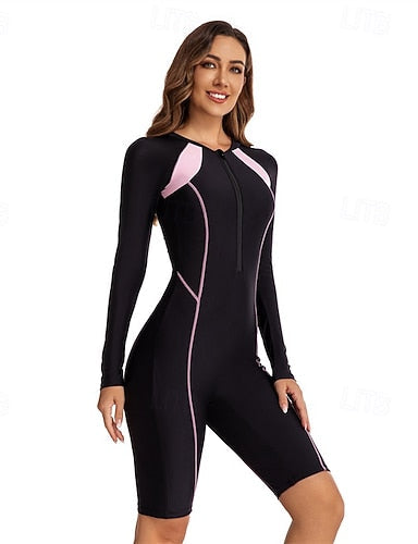 Rash Guard One Piece Swimsuit Patchwork Front Zip Spandex Uv Sun Protection Upf50+ Quick Dry Long Sleeve Bodysuit Bathing Suit Surfing Beach Water Sports Summer