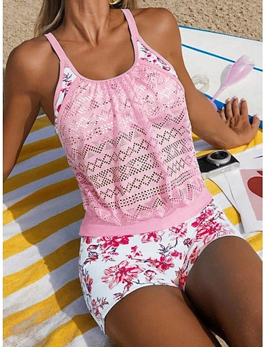 Swimwear Tankini 2 Piece Shorts Swimsuit Tummy Control High Waist Slim Backless Vacation Beach Wear Scoop Neck Sleeveless Bathing Suits