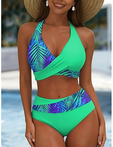 Bikini 2 Piece Swimsuit Palm Skirt Vacation Graphic V Neck Sleeveless Bathing Suits