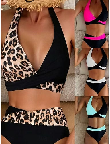 Swimwear Bikini 2 Piece High Waist Swimsuit Ruched Backless Vacation Beach Wear Leopard Color Block Halter Neck Sleeveless Bathing Suits