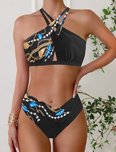 Swimwear 2 Piece Cheeky Swimsuit Cut Out Backless Vacation Beach Wear Leopard Halter Neck Sleeveless Bathing Suits