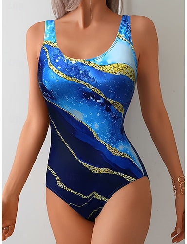 One Piece Swimsuit Slimming Monokini High Cut Tummy Control High Waist Slim Backless Vacation Graphic Geometric U Neck Sleeveless Bathing Suits