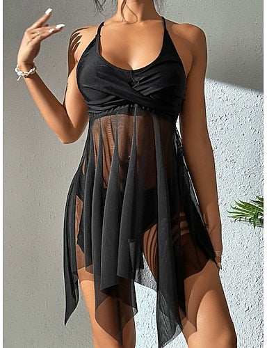 Tankini 2 Piece Swimsuit Cutout Underwire Cheeky Tummy Control High Waist Slim Backless Vacation Beach Wear Color Halter Neck Sleeveless Bathing Suits