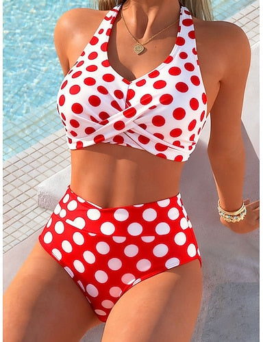 Bikini 2 Piece Swimsuit Colorblock High Waist Stylish Graphic Polka Dot Sleeveless Bathing Suits