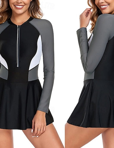 Rash Guard One Piece Swimsuit Patchwork Front Zip Uv Sun Protection Quick Dry Lightweight Long Sleeve Bodysuit Bathing Suit Surfing Beach Water Sports Summer