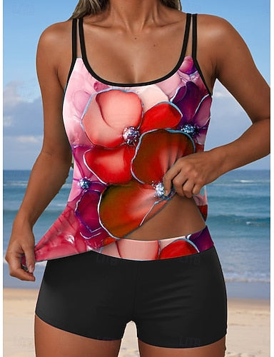 Tankini 2 Piece Swimsuit Boy Leg Backless Vacation Beach Wear Ombre U Neck Sleeveless Bathing Suits