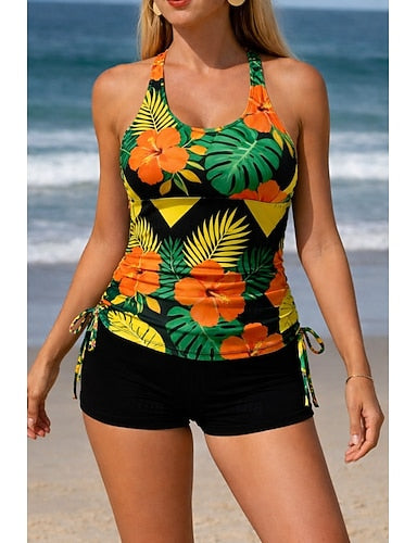 Swimwear Tankini 2 Piece High Waist Swimsuit Tummy Control High Waist Slim Backless Vacation Beach Wear U Neck Sleeveless Bathing Suits