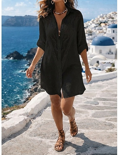 Mini Dress Faux Cotton Linen Shirt Dress White Dress Cover Up Hawaiian Beach Vacation Holiday Loose Fit Long Sleeve Shirt Collar Black White Summer