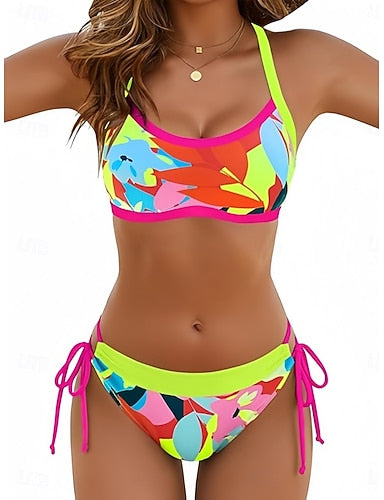 Swimwear Bikini 2 Piece Cheeky Swimsuit Slim Backless Vacation Beach Wear Color Block Scoop Neck Sleeveless Bathing Suits