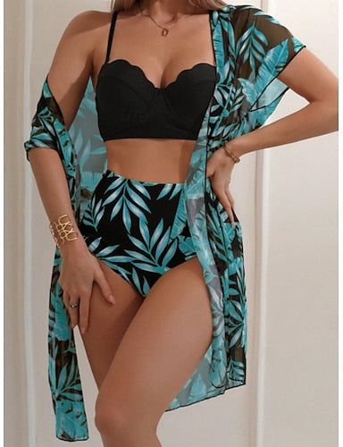 Bikini 3 Piece Swimsuit Palm Briefs Slim Backless Vacation Beach Wear Leaves V Neck Sleeveless Bathing Suits