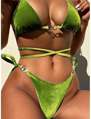 Bikini 2 Piece Swimsuit Thong Slim Backless Vacation Beach Wear Color Halter Neck Sleeveless Bathing Suits