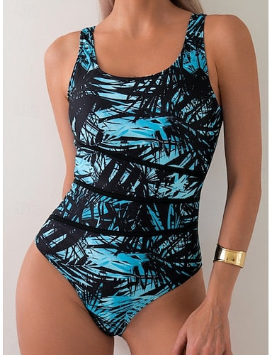 One Piece Swimsuit Slimming Palm Monokini Tummy Control High Waist Slim Backless Vacation Beach Wear Geometric Color Block Scoop Neck Sleeveless Bathing Suits