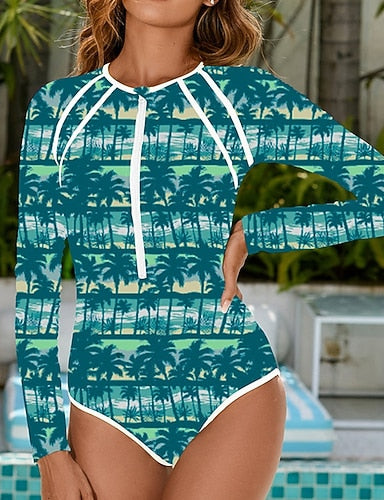 Rash Guard Bathing Suit One Piece Swimsuit Printed Zip Up Uv Sun Protection Upf50+ Long Sleeve Swimwear Surfing Swimming Summer