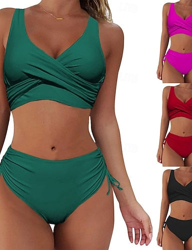 Bikini 2 Piece Swimsuit Ruched Cheeky Slim Backless Vacation Beach Wear Color V Neck Sleeveless Bathing Suits