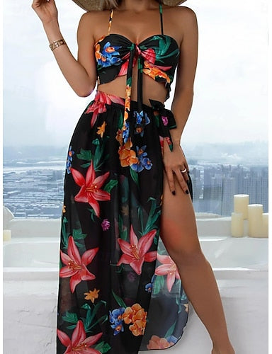 Swimwear Bikini Three Piece Briefs Swimsuit Ruched Vacation Beach Wear Graphic V Neck Sleeveless Bathing Suits