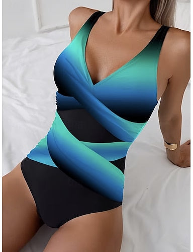 Swimwear One Piece Monokini Briefs Swimsuit Tummy Control High Waist Slim Backless Vacation Ombre Graphic V Neck Sleeveless Bathing Suits