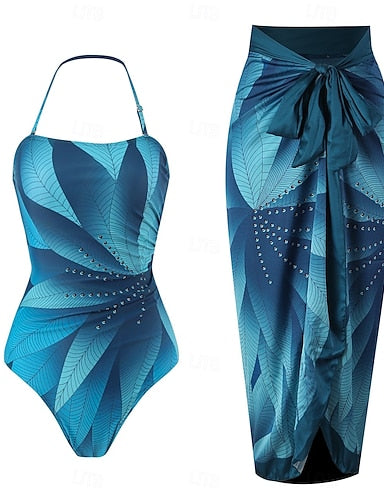 Swimwear One Piece Monokini Swimsuit Tummy Control High Waist Slim Backless Vacation Beach Wear Ombre Leaves Halter Neck Sleeveless Bathing Suits