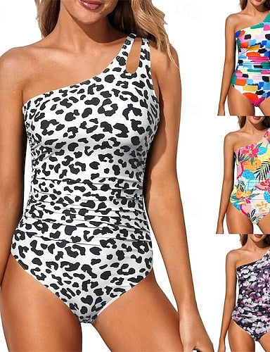 One Piece Swimsuit One Shoulder Swimwear Leopard Print Swimwear White Blue Breathable Quick Dry Sleeveless - Swimming Surfing Snorkeling Summer