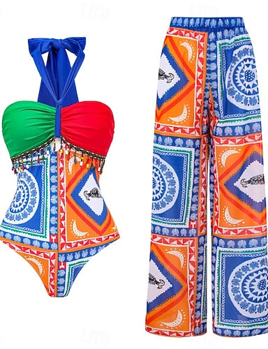 Swimwear One Piece 2 Piece Monokini Pant Swimsuit Tummy Control High Waist Slim Backless Vacation Beach Wear Graphic Geometic Halter Neck Sleeveless Bathing Suits