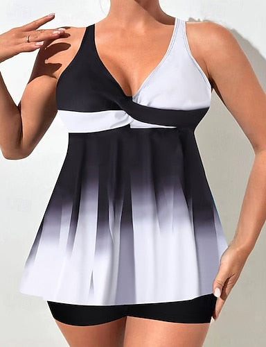 Swimwear 2 Piece Shorts Swimsuit Backless Vacation Beach Wear Graphic V Neck Sleeveless Bathing Suits