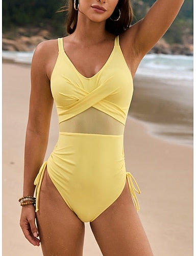 One Piece Swimsuit Slimming Ruched Cutout Monokini Mesh Tummy Control High Waist Slim Backless Vacation Beach Wear Color V Neck Sleeveless Bathing Suits