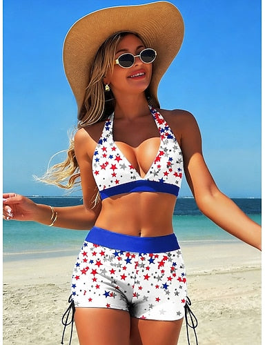 Bikini 2 Piece Swimsuit High Waist Backless Vacation Beach Wear Graphic Flag V Neck Sleeveless Bathing Suits