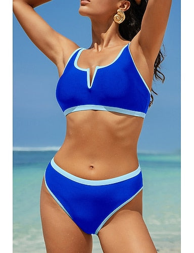 Swimwear Bikini 2 Piece Swimsuit Backless Patchwork Tropical Beach Wear Color Block V Neck Sleeveless Bathing Suits