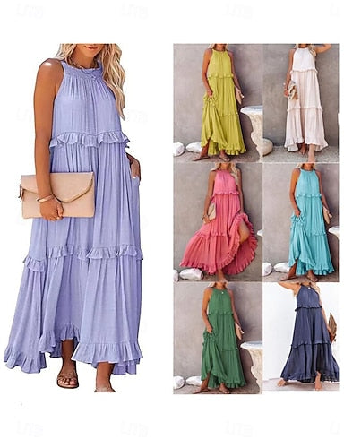 Maxi Dress White Dress Beach Dress Swing Dress Daily Outdoor Beach Loose Fit Plain Sleeveless Crew Neck Blue White Yellow Pink Summer Spring