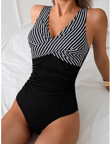 Swimwear One Piece Monokini Swimsuit Ruched Tummy Control High Waist Slim Backless Vacation Beach Wear Stripe V Neck Sleeveless Bathing Suits