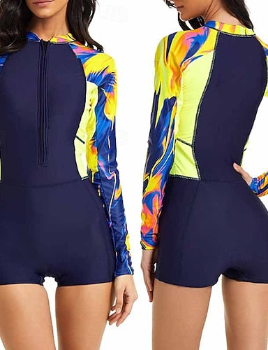 Tankini 2 Piece Swimsuit Zip Front Palm Shorts Tummy Control High Waist Slim Backless Vacation Beach Wear Round Neck Long Sleeve Bathing Suits