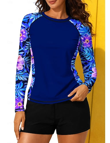 Regular Rash Guard Swimsuit Rash Guard Print Swimsuit Tropical Color-blocking 2 Piece Removable Pad Boyleg Uv Sun Protection Upf50+ Elastic Long Sleeve Swimwear Sun Shirt