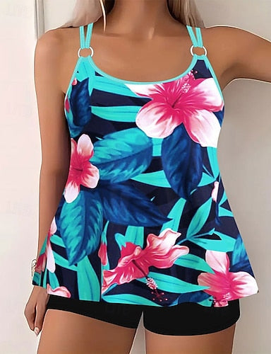 Swimwear 2 Piece Shorts Swimsuit Backless Vacation Beach Wear Graphic Round Neck Sleeveless Bathing Suits