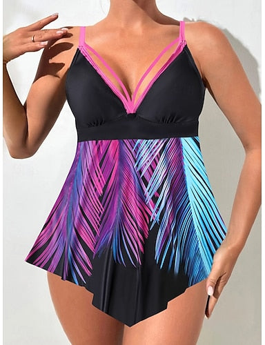 Tankini 2 Piece Swimsuit Cheeky Tummy Control High Waist Slim Backless Vacation Beach Wear Graphic Color Block V Neck Sleeveless Bathing Suits