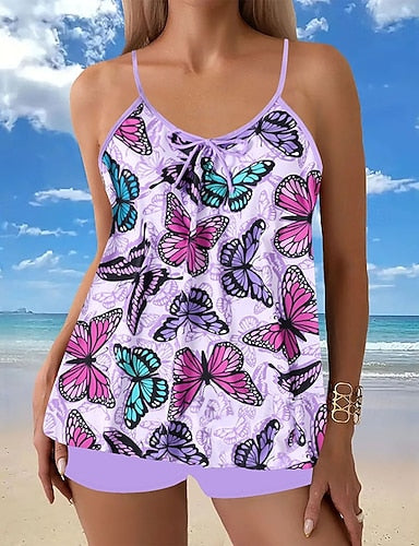 Swimwear 2 Piece Shorts Swimsuit Backless Vacation Beach Wear Graphic U Neck Sleeveless Bathing Suits