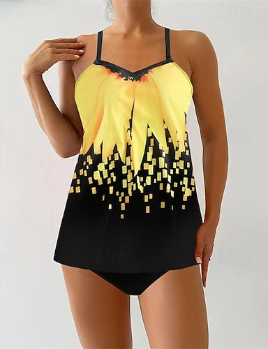 Tankini Two Piece Swimsuit V Neck Swimwear Swimwear Yellow Royal Blue Breathable Quick Dry Lightweight Sleeveless - Swimming Surfing Beach Summer Spring